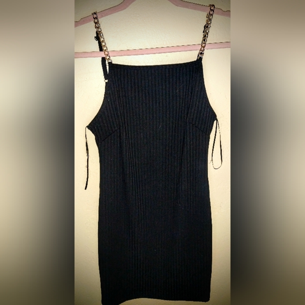 Say What Brand Black Gold Chain Straps Ribbed Chic Dress